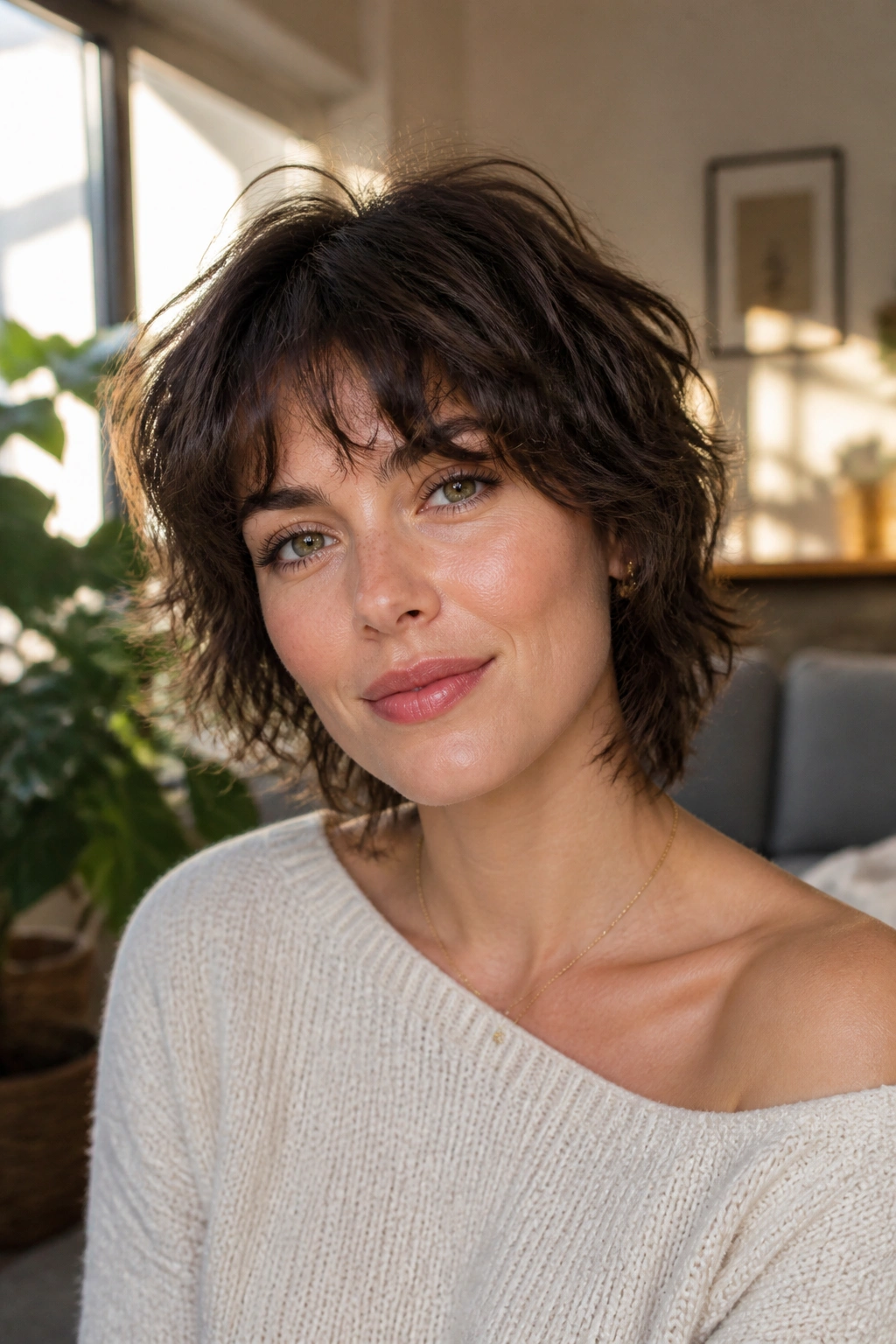 Close-up of a real woman with a short shag hairstyle in a cozy living room