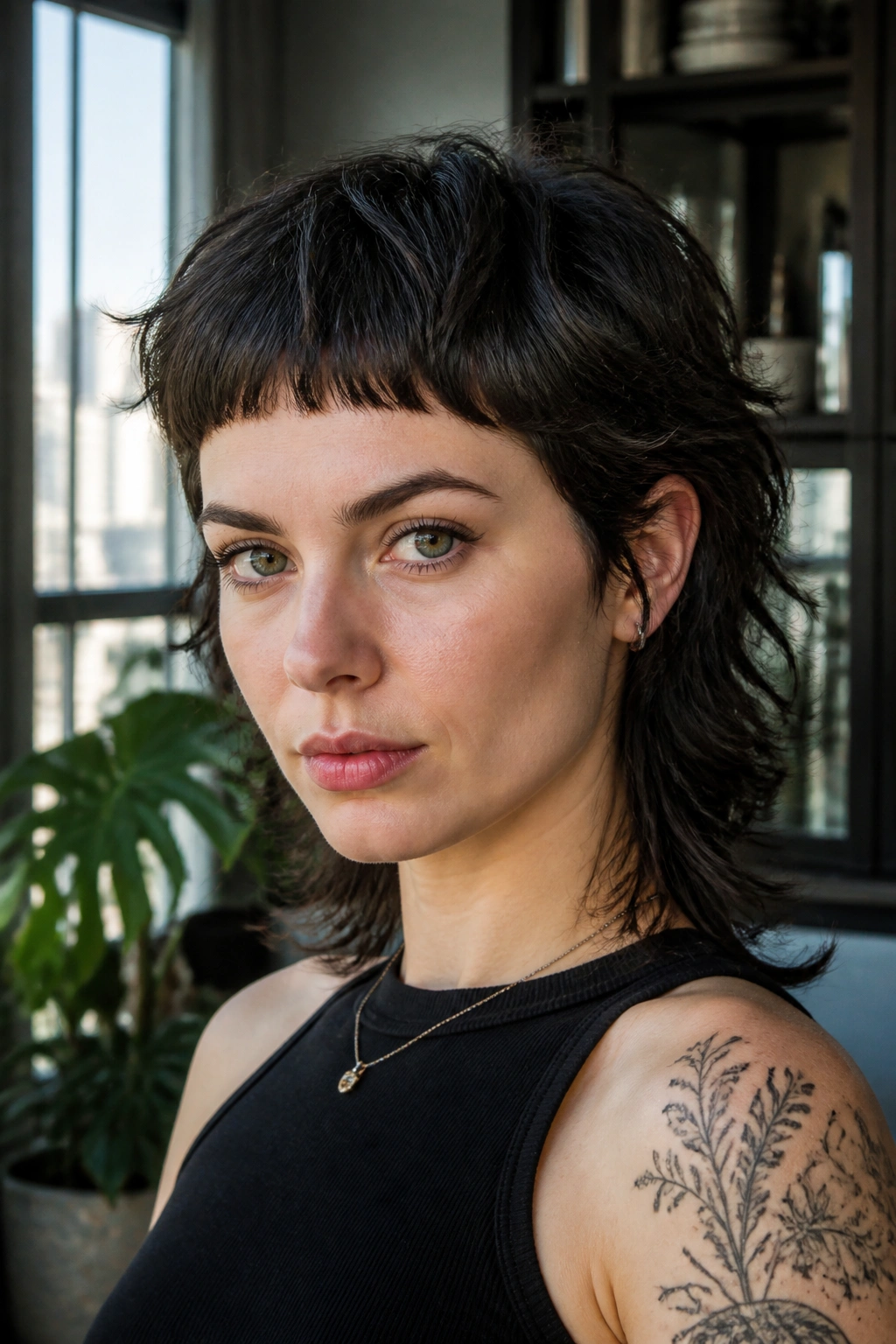 Close-up portrait of a real person with a short shag and micro fringe.