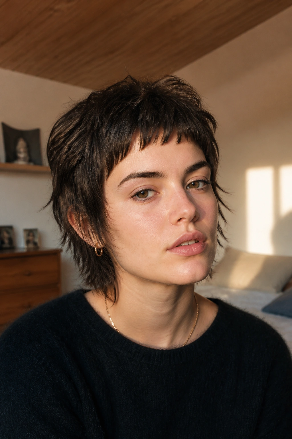 Close-up portrait of a real person with a short shag and micro fringe, above-brow fringe, natural window light.