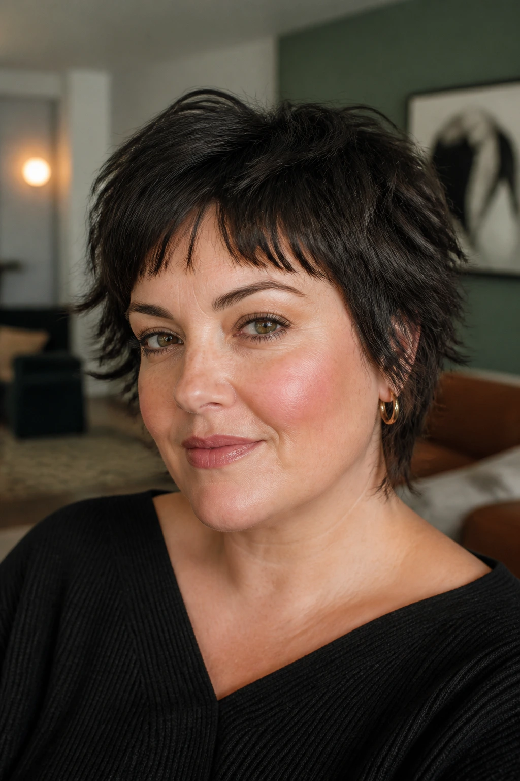 Close-up of a real woman with short shag and micro layers