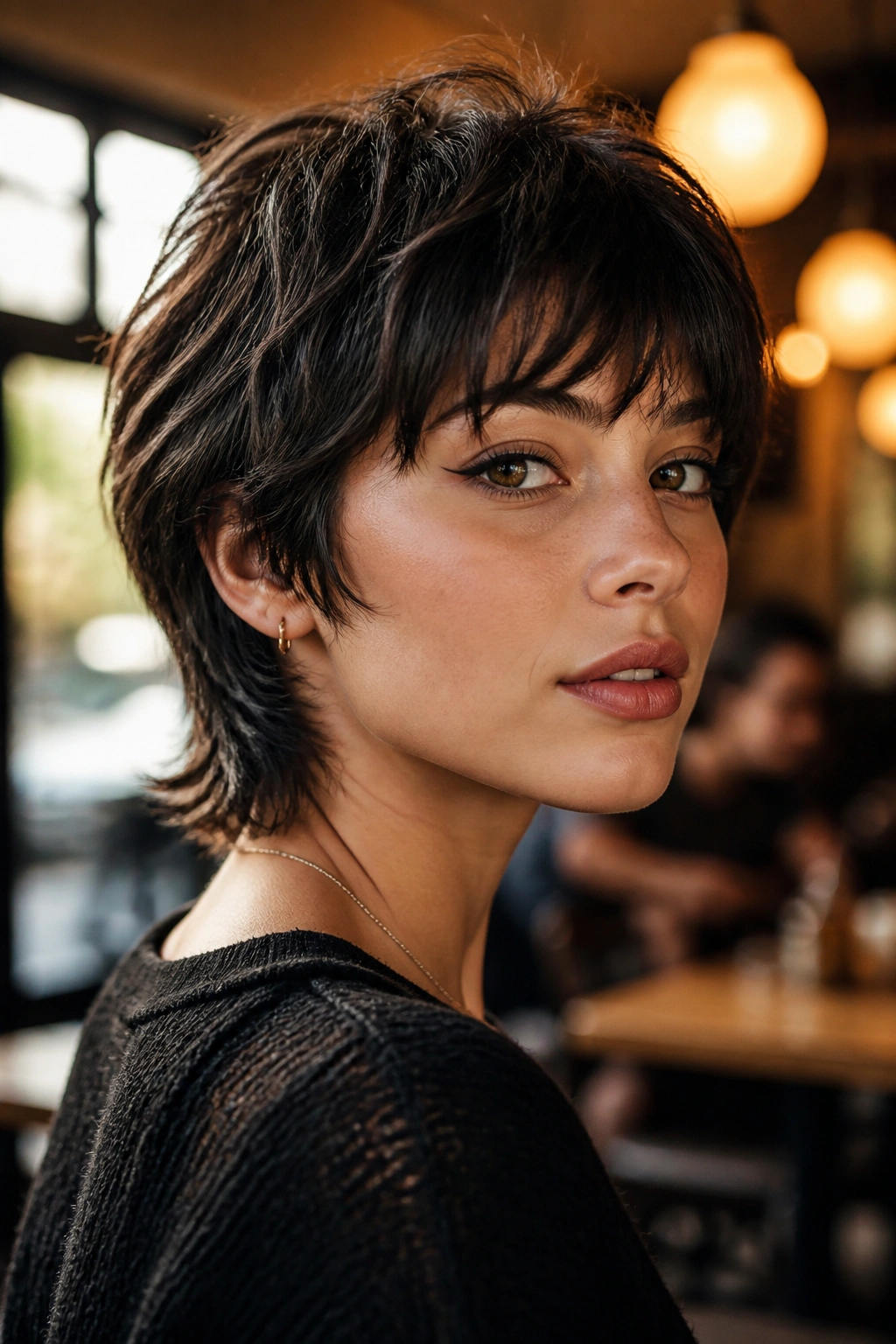 Close-up of a real woman with a short shag and nape sweep hairstyle.