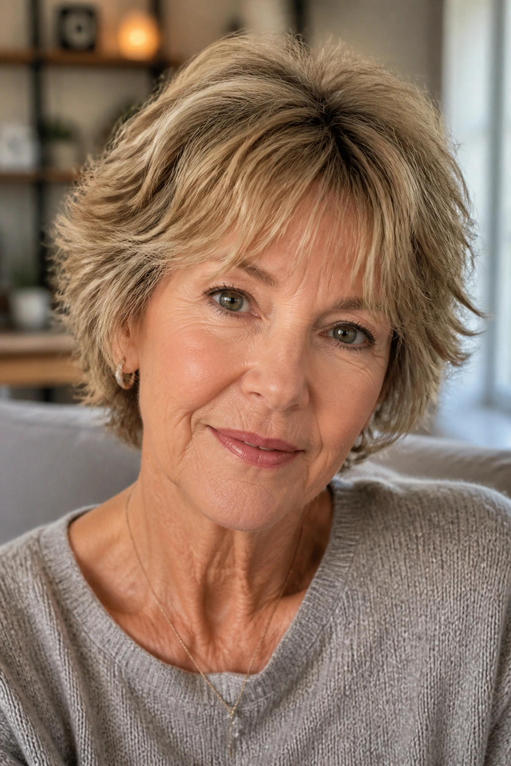 Real woman with easy everyday short shag, tidy perimeter and light fringe
