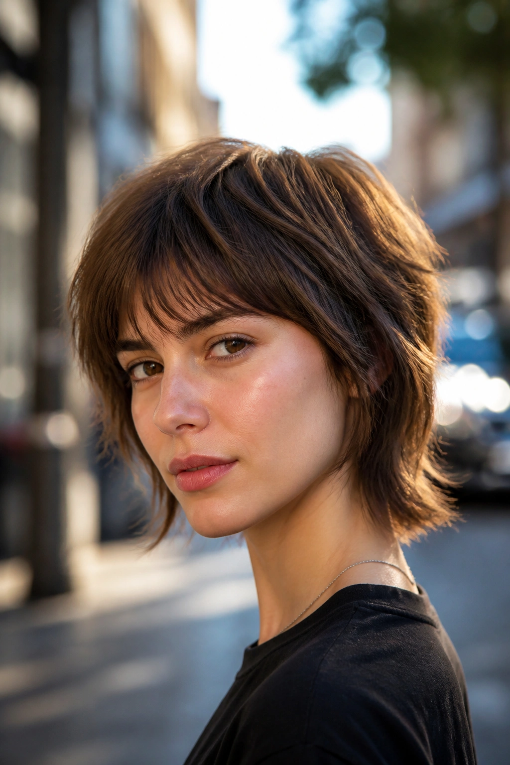 Close-up portrait of a woman with a short shag haircut outdoors in the afternoon sun.