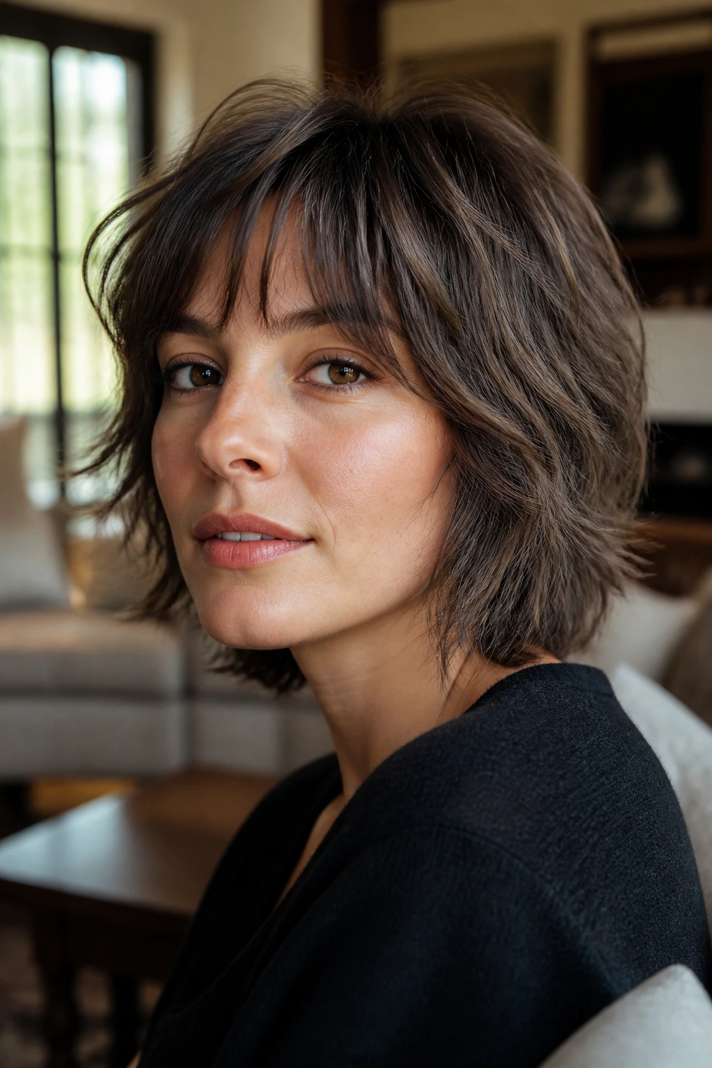 Close-up portrait of a real woman with a tousled short shag haircut in natural daylight