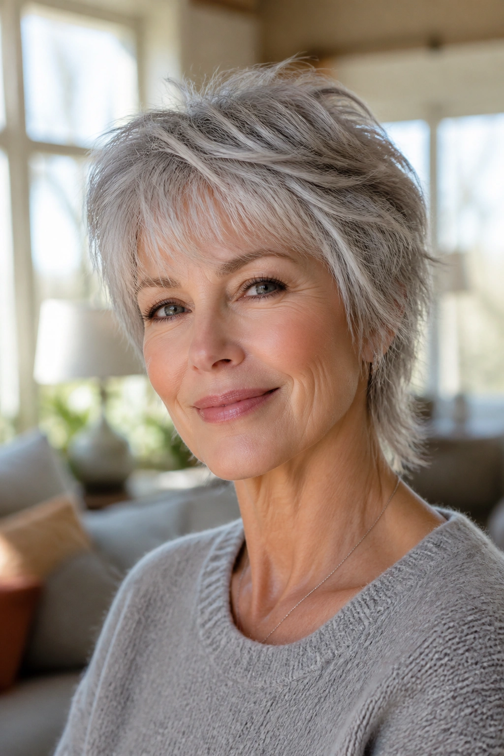 Close-up portrait of an older woman with a short shag and wispy fringe, gray hair, warm natural lighting