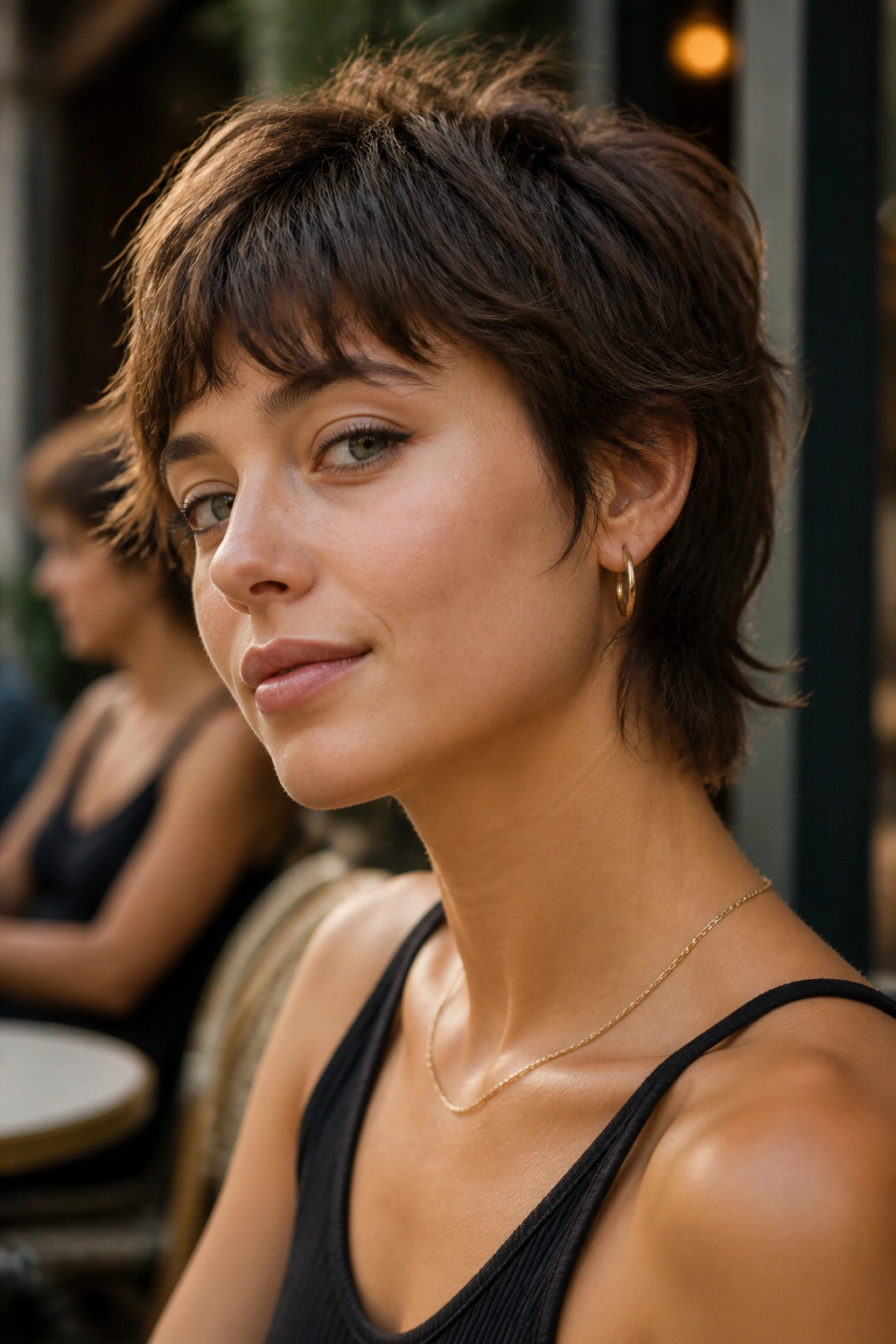 Close-up portrait of a real woman with a short shaggy mullet and choppy ends