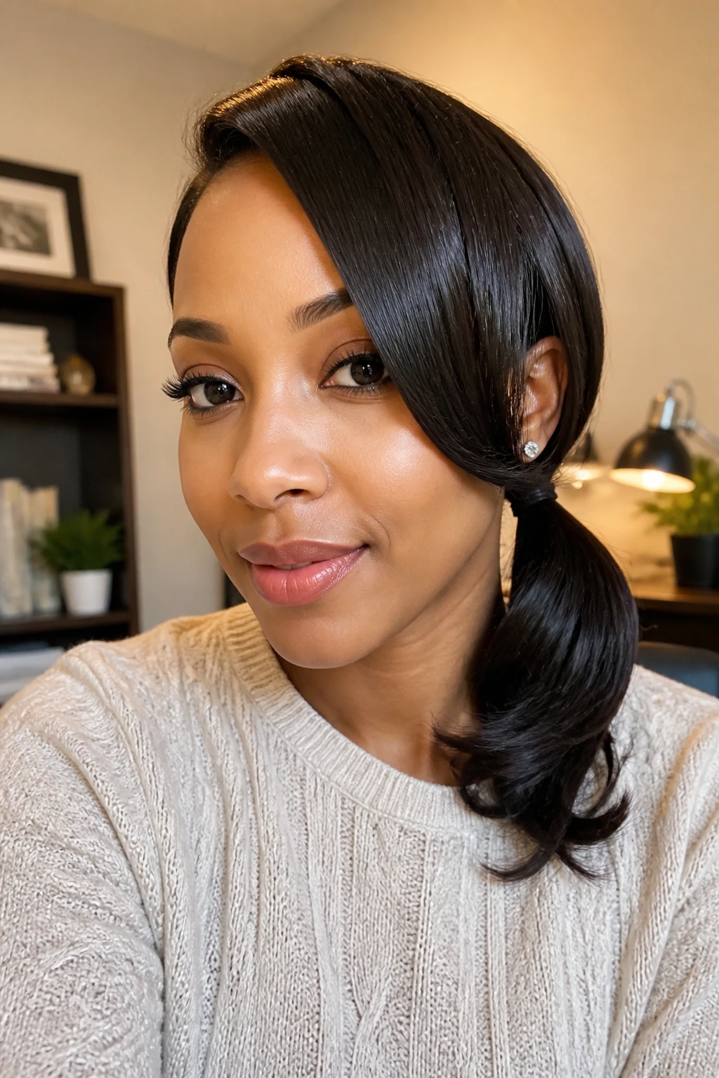 Close-up of a real Black woman with a short side pony and polished ends.