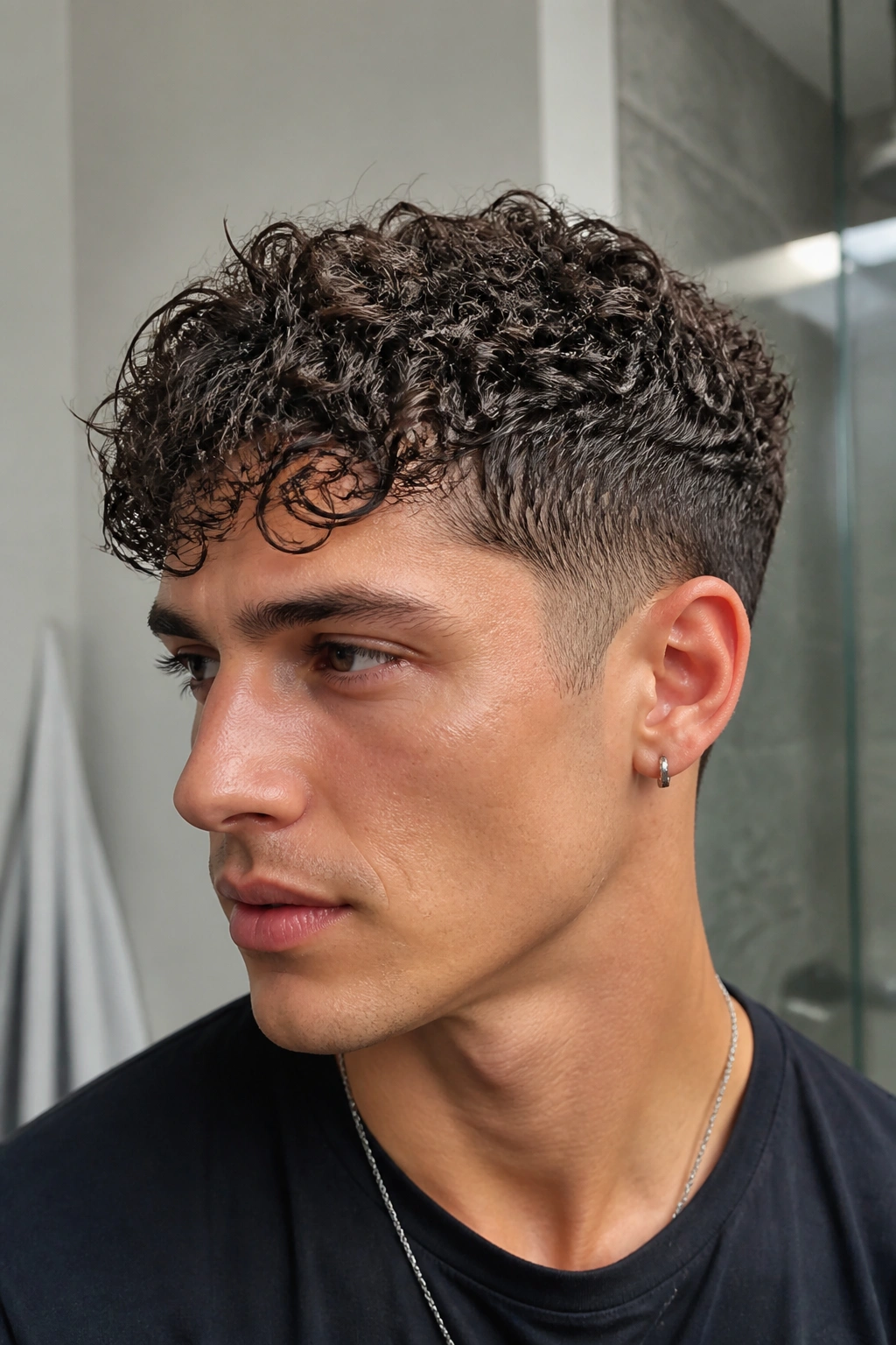 Close-up of man with short sides and scissor-cut curly top in a bathroom