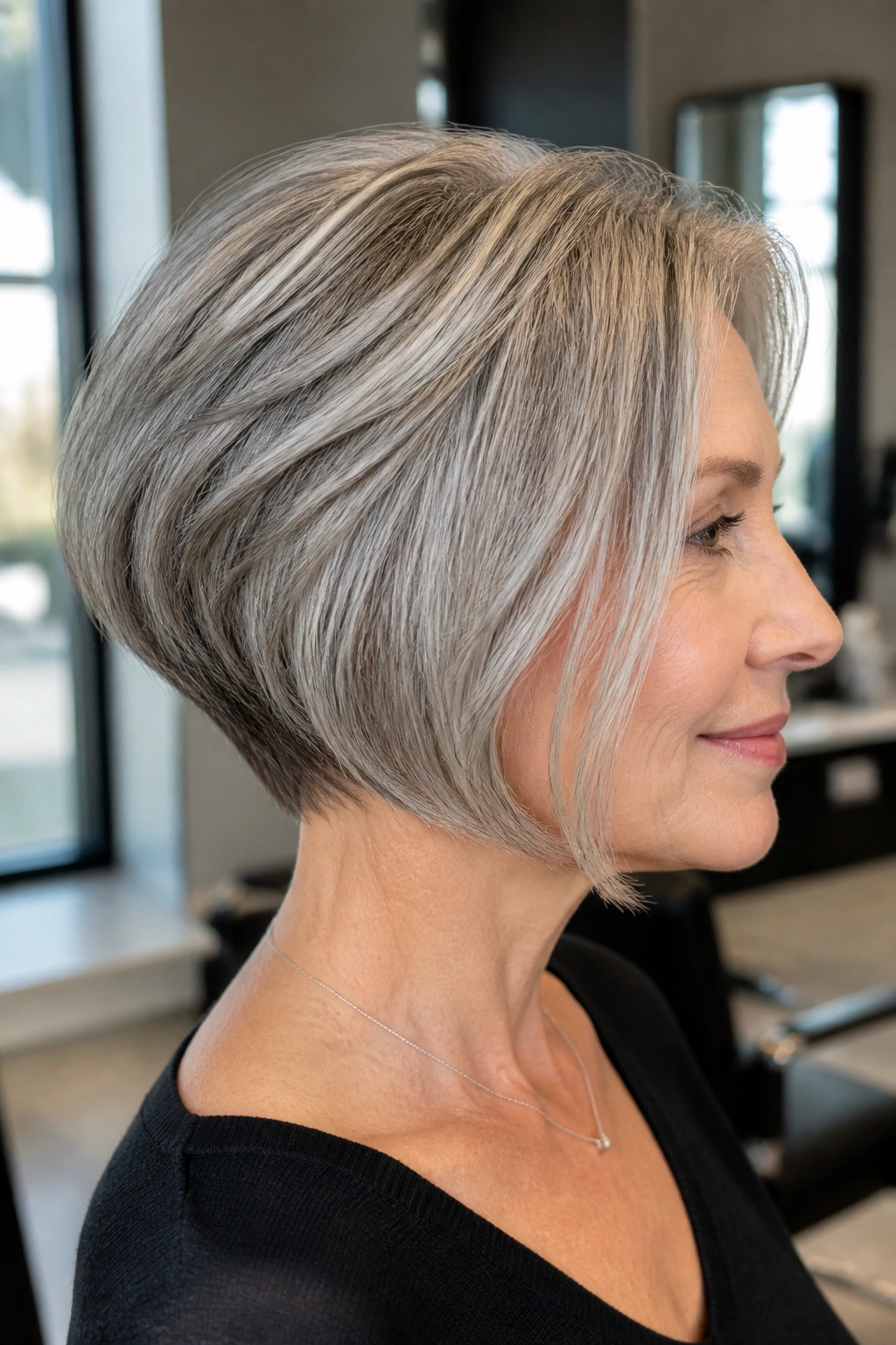 Portrait of a woman with a short stacked bob showing crown lift and front length.