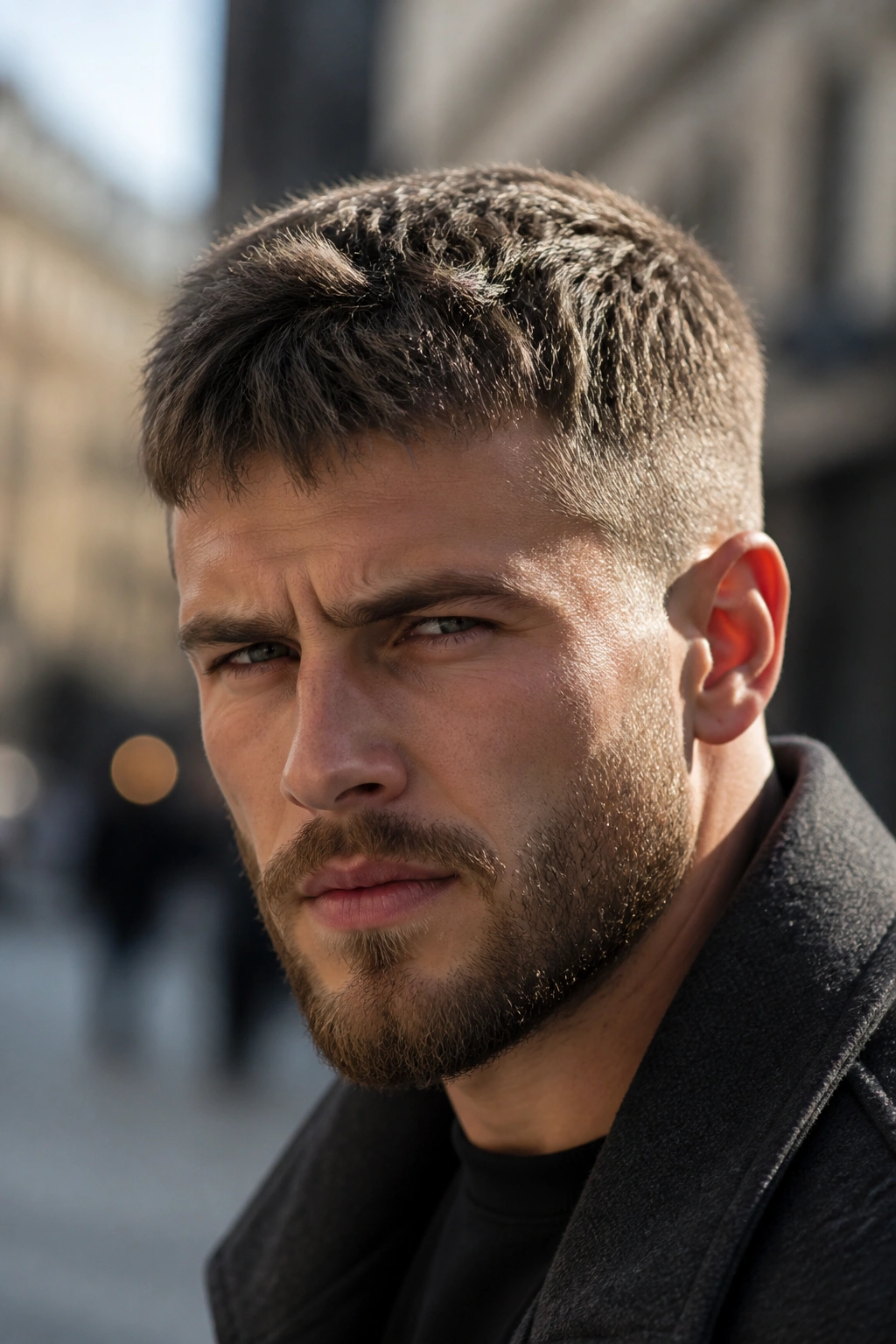 Close-up portrait of a man with a short textured Nordic crop, warm natural light.