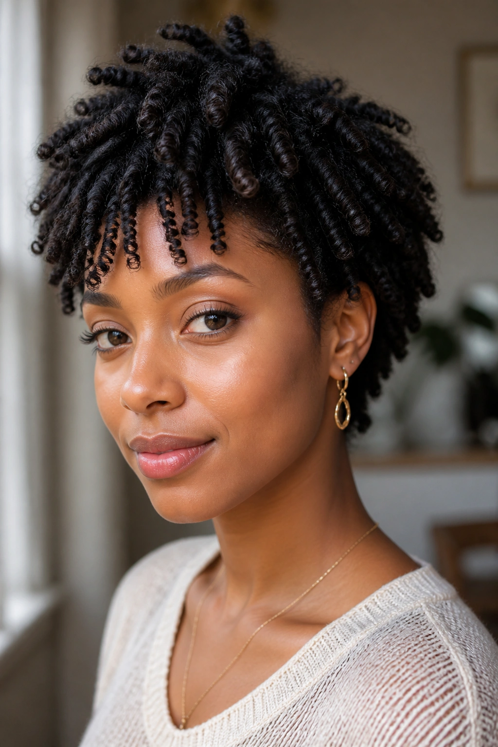 Close-up portrait of a real person with a short twist-out and tidy ends