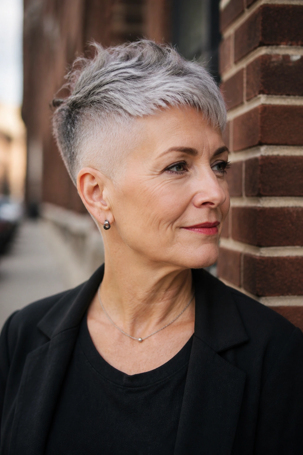 Close-up of a real woman with a short undercut pixie