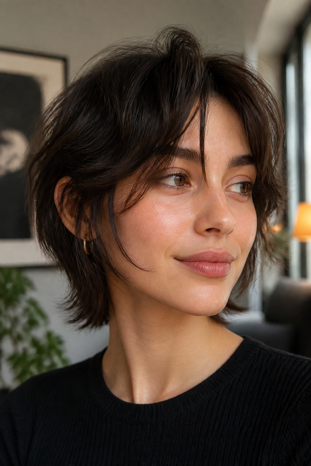 Portrait of a real person with a short wolf bob and face-framing pieces