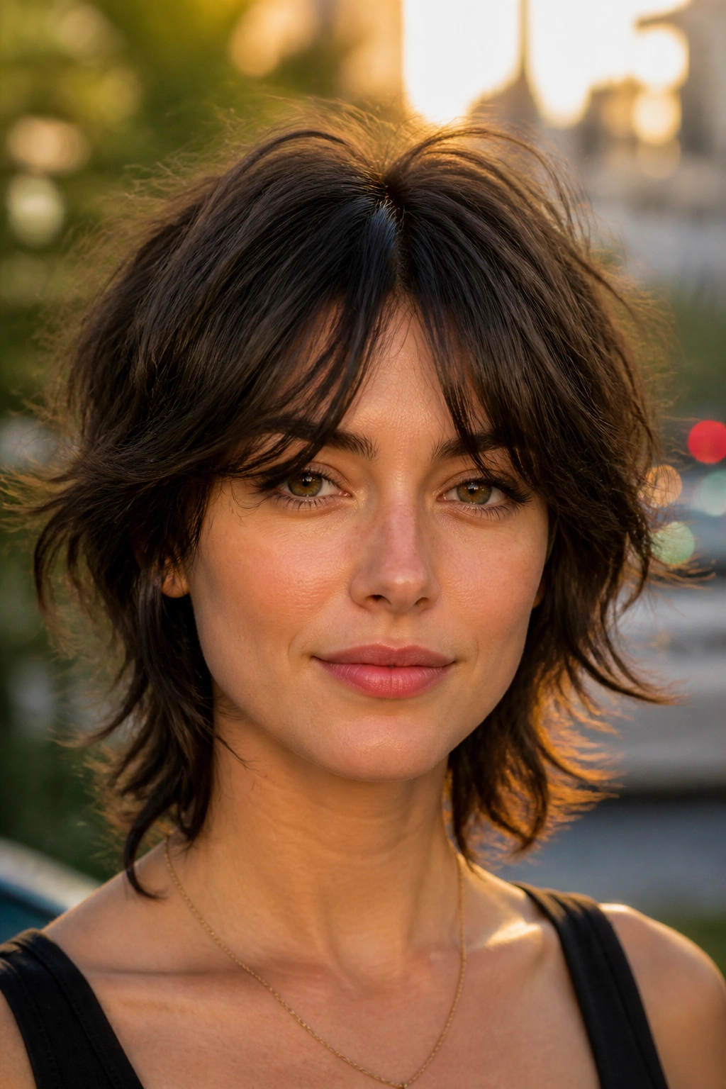 Close-up of a woman with a short wolf cut in a park setting