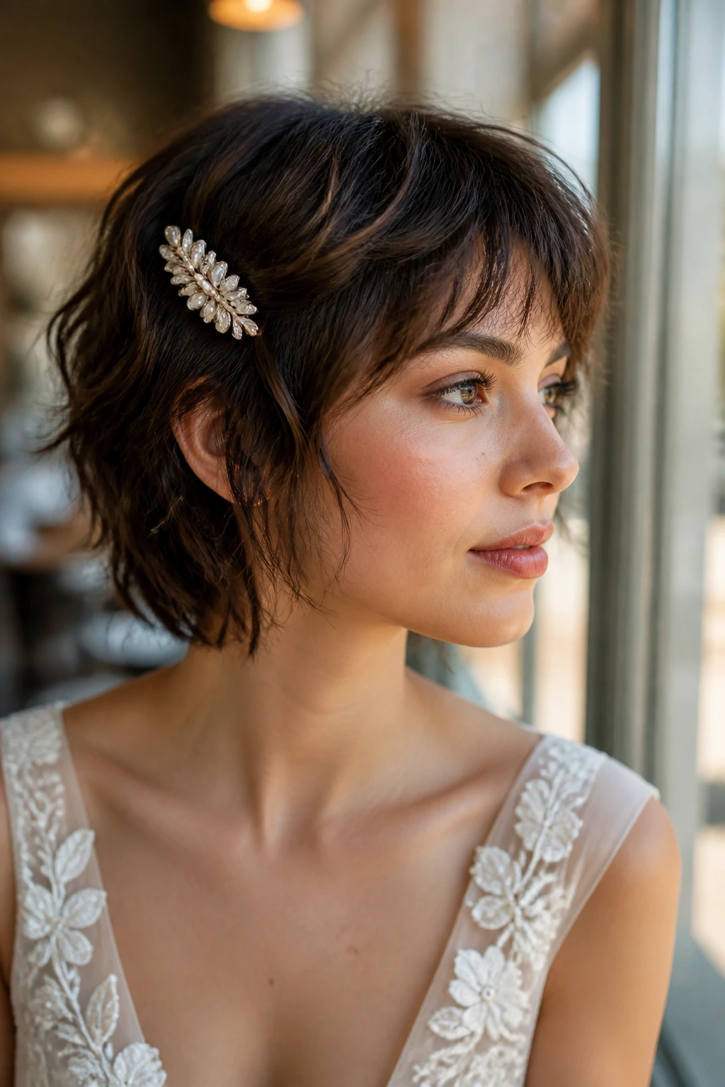 Close-up of a short wolf cut bob with a vintage clip