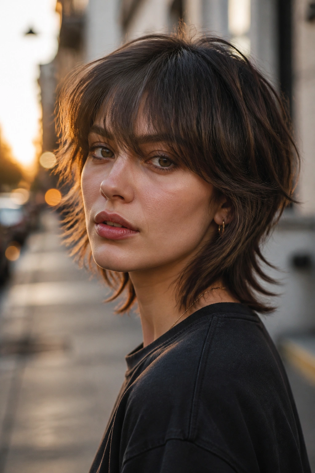 Close-up of a real person with a short wolf cut and soft bangs