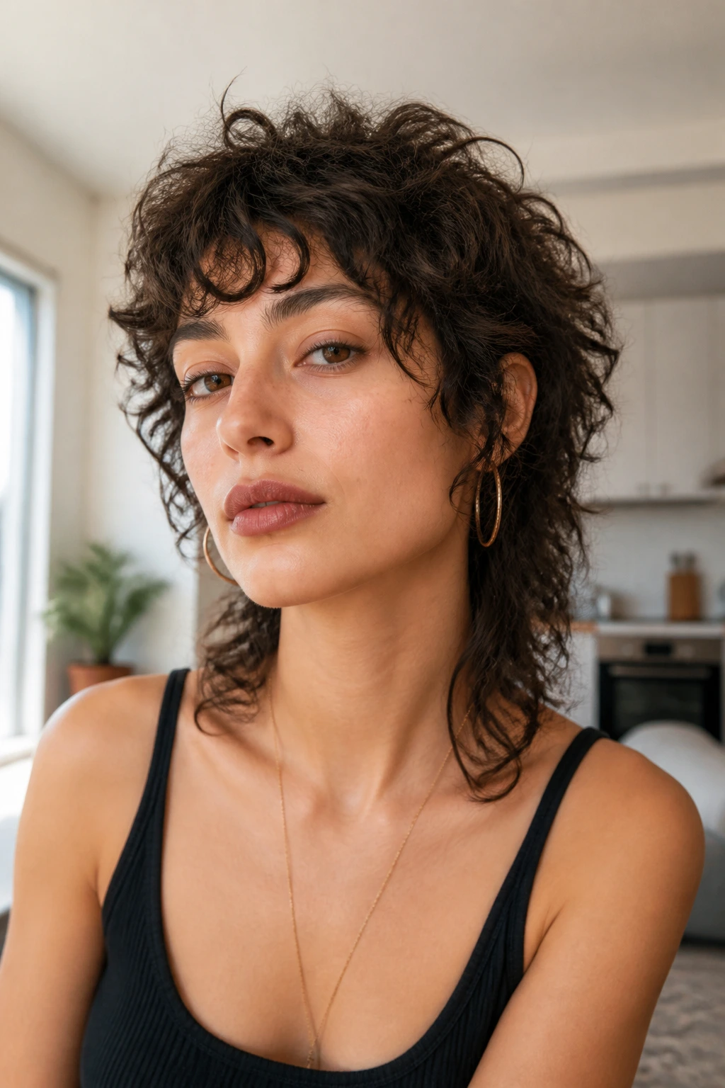 Close-up portrait of a real woman with a short wolf cut in daylight.