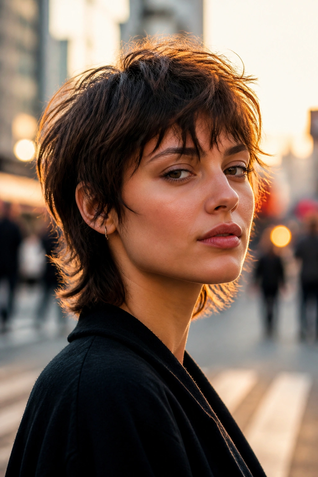 Close-up portrait of a real person with a sharp short wolf cut and jaw-length layers in golden hour light