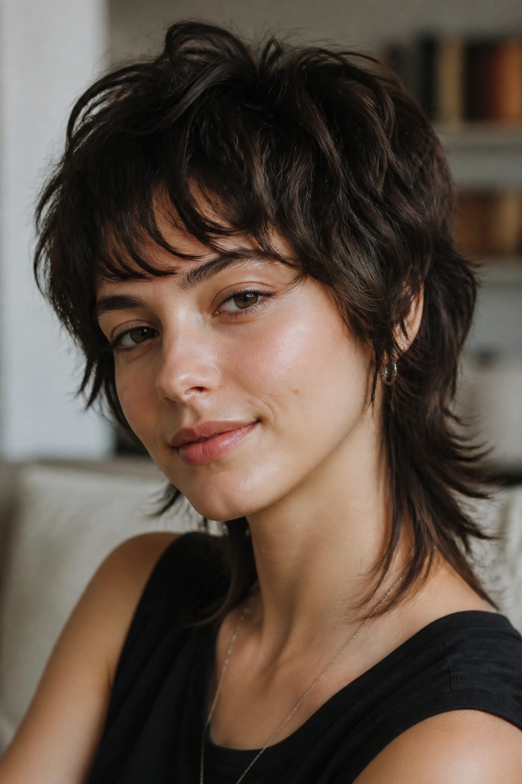Close-up of a real woman with a short wolf cut hairstyle