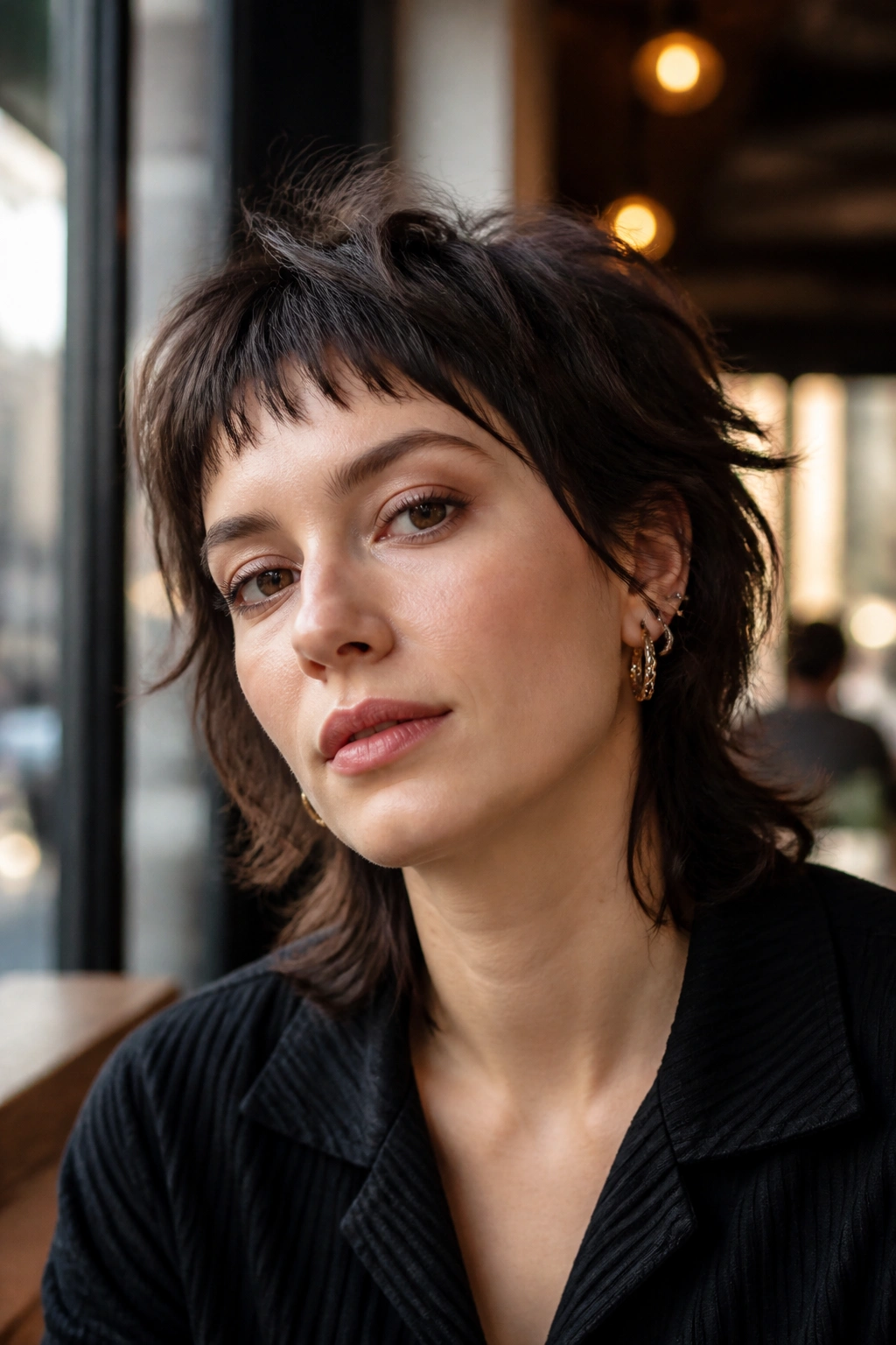 Portrait of a real woman with short wolf cut and airy micro bangs.