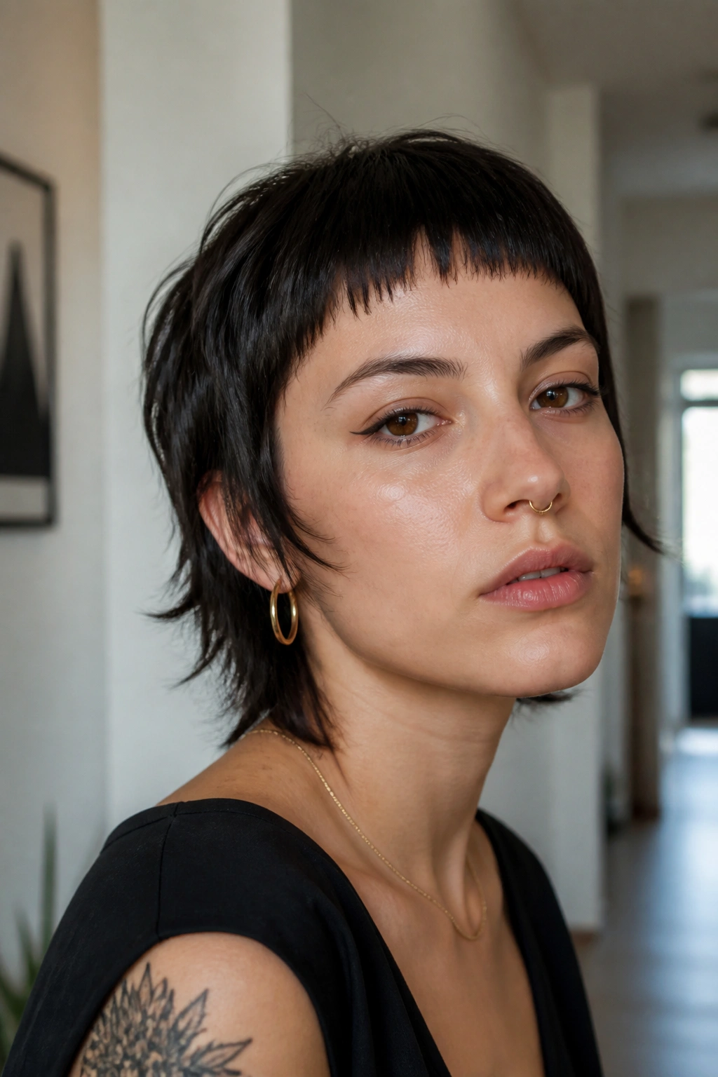 Real woman with short wolf cut and micro fringe in a bright hallway.