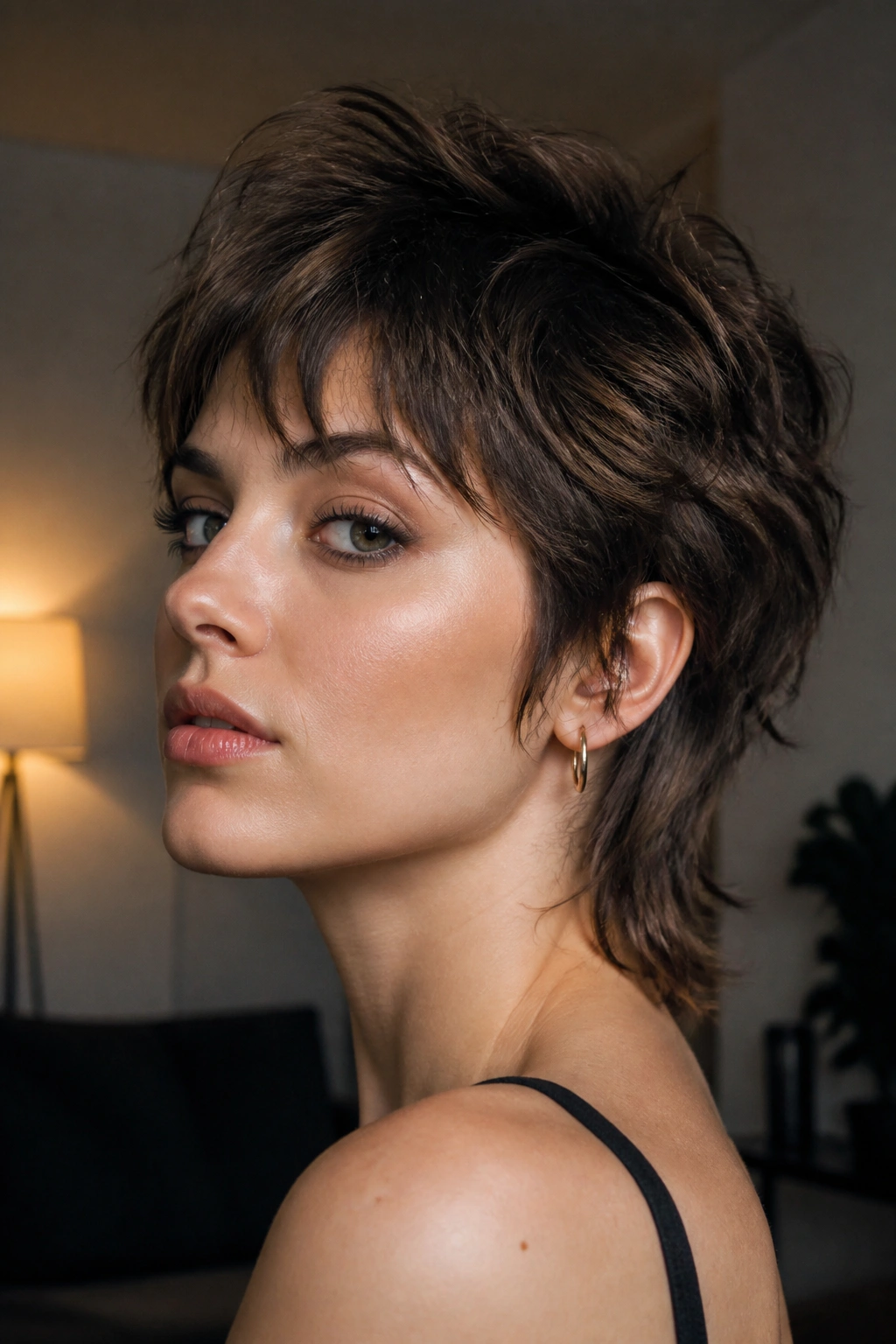 Real woman with short wolf cut mullet portrait indoors