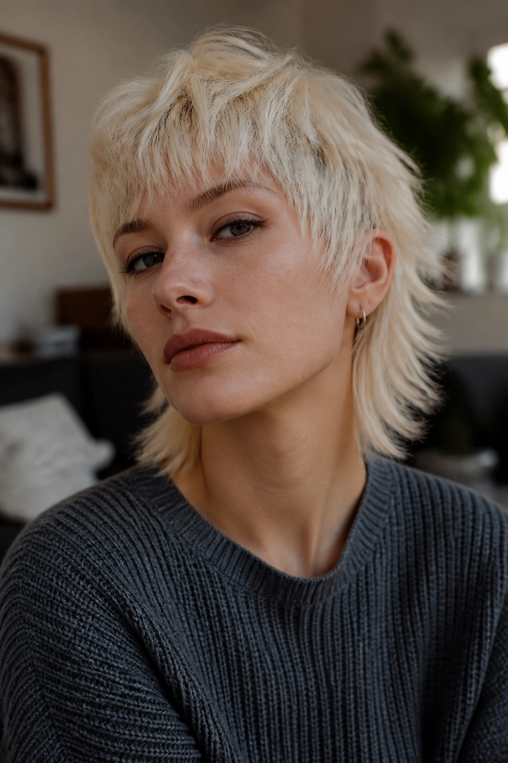 Close-up of a real person with platinum short wolf cut hairstyle