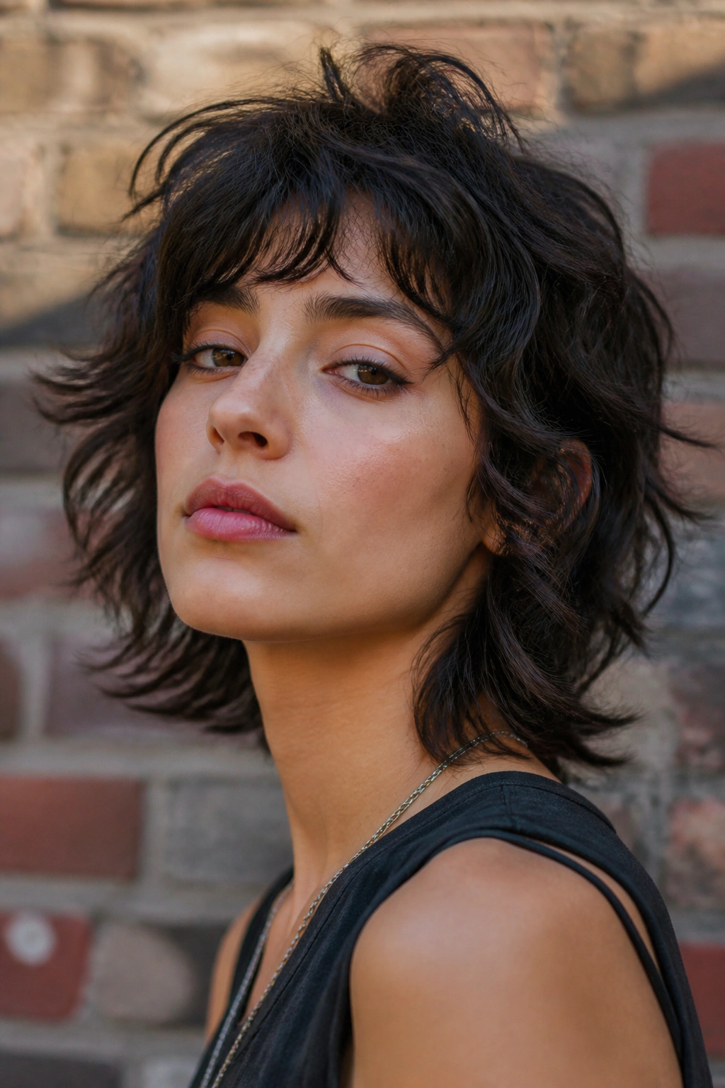 Close-up of a real woman with a short wolf cut and choppy ends.