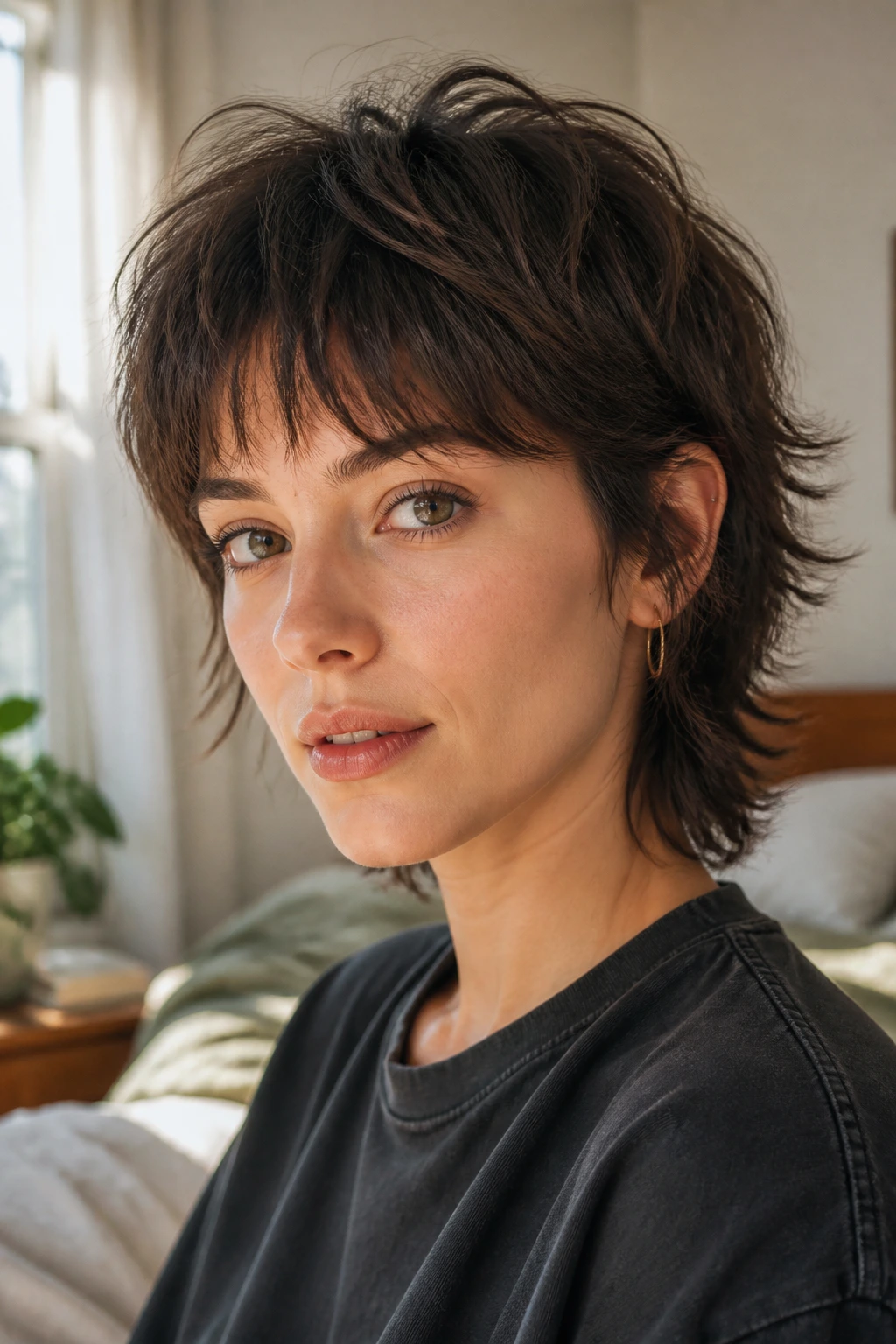 Close-up portrait of a real woman with a short wolf cut in morning light