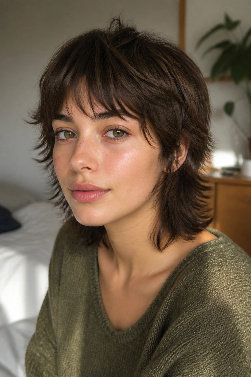 Close-up portrait of a real woman with short wolf cut hairstyle in warm window light