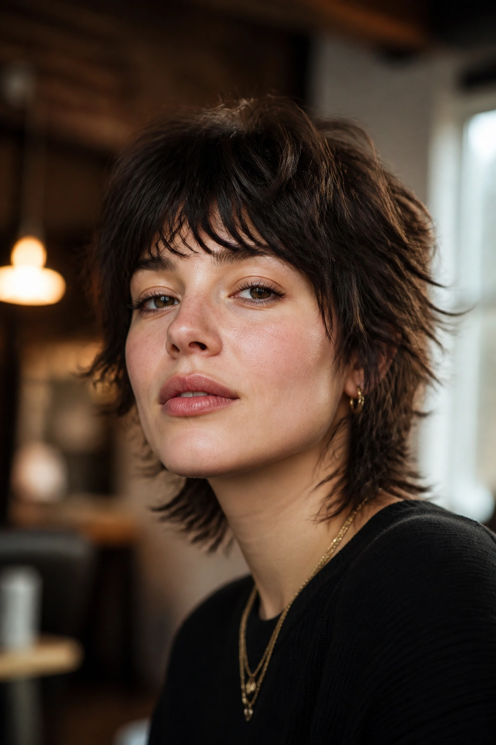 Close-up portrait of a real woman with a short wolf cut in warm loft lighting