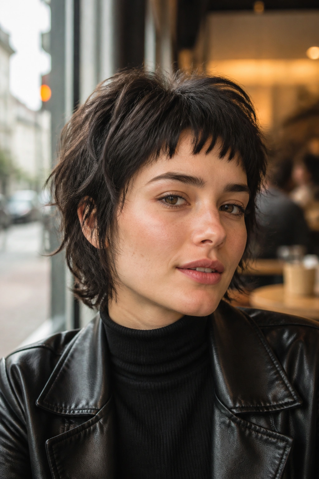 Close-up of real person with short wolf cut and textured baby fringe in natural daylight