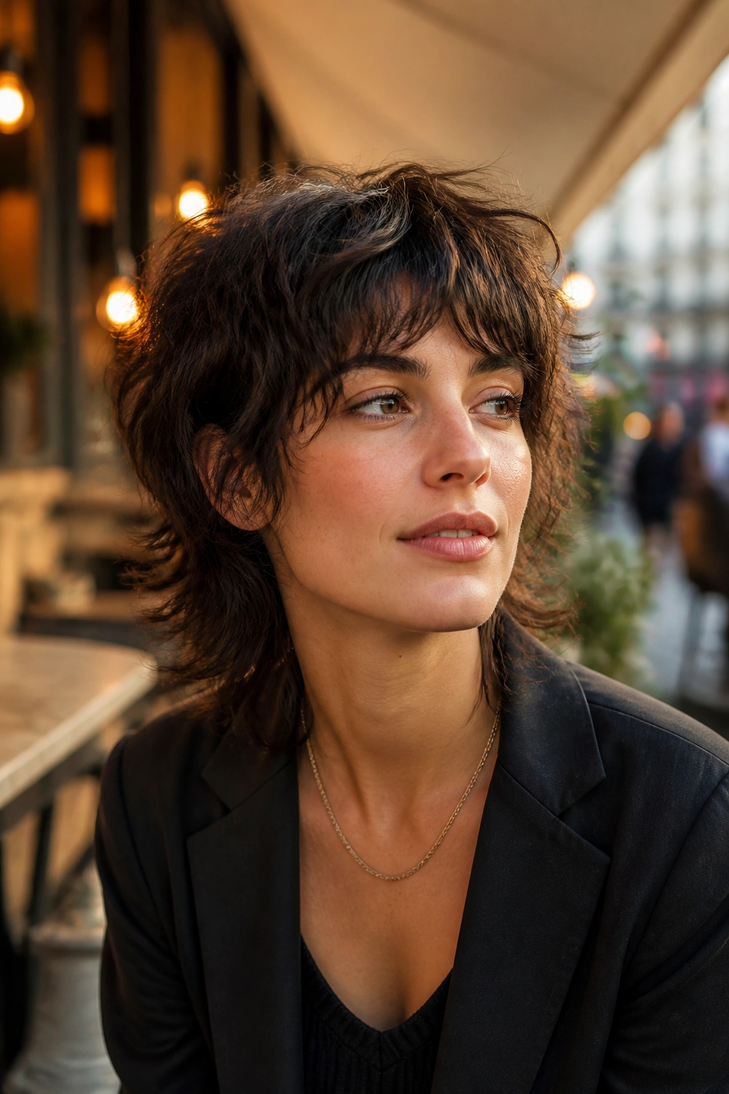 Portrait of a real person with a short wolf cut and waves in golden hour light