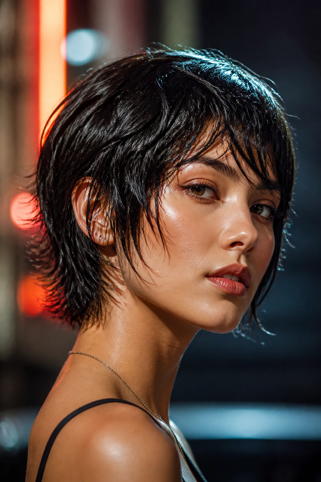 Close-up portrait of a real person with a short wet-look wolf cut and glossy texture in a neon-lit urban setting.