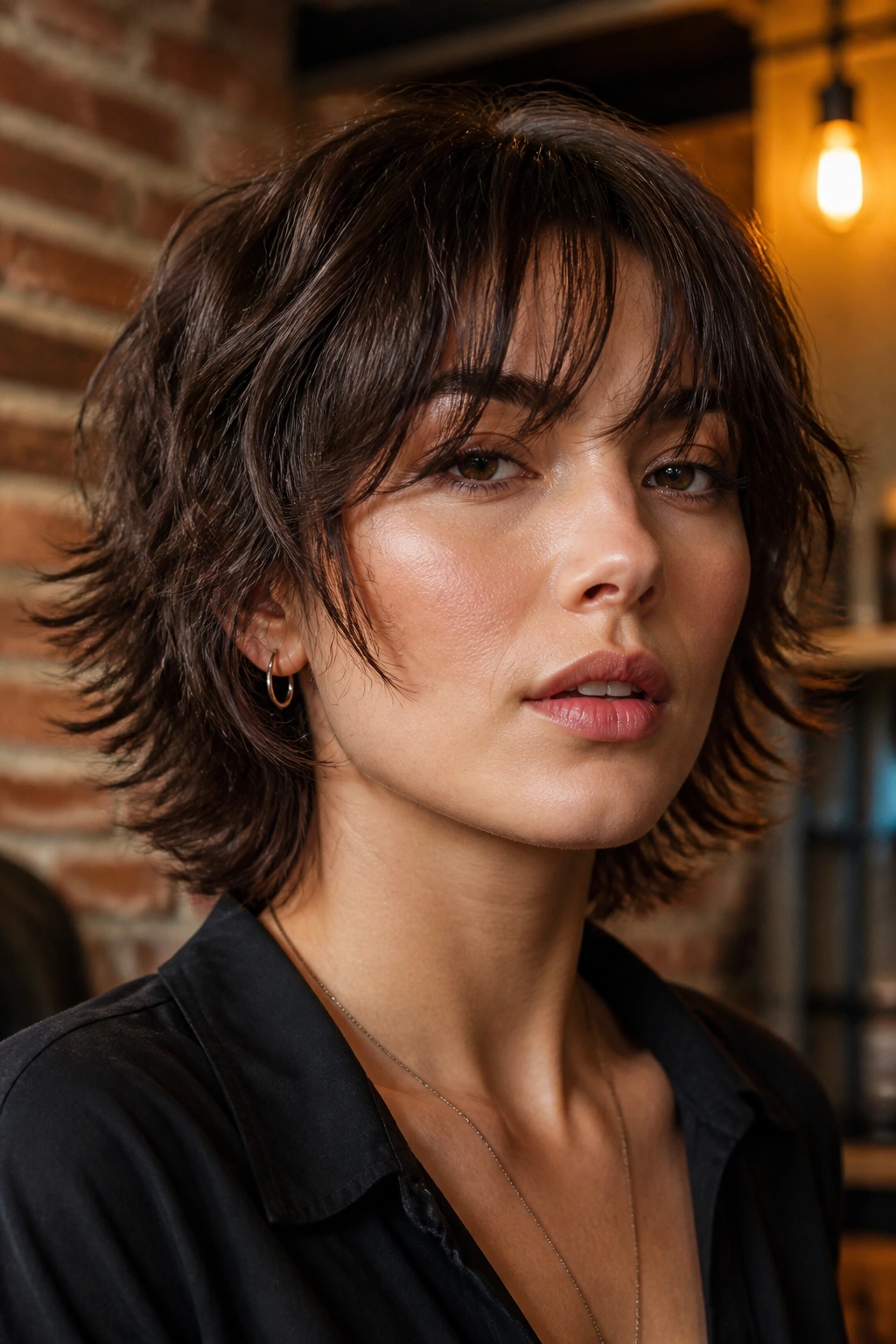 Close-up of real person with short wolf cut and wispy bangs