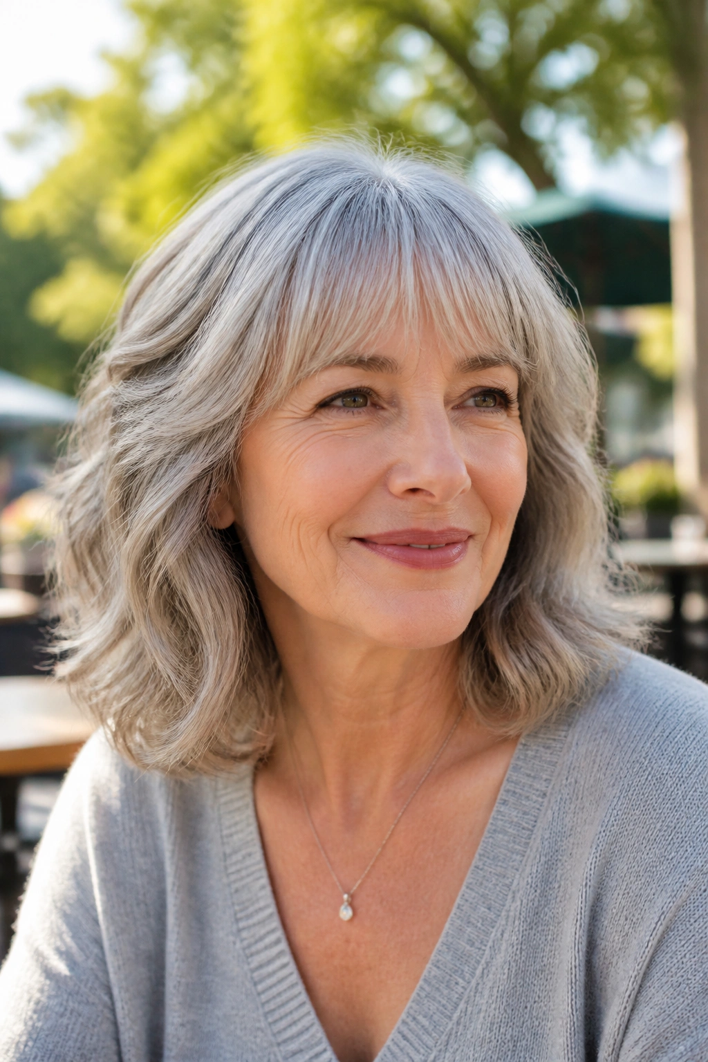 Real woman with shoulder-length wavy hair and soft bangs outdoors in daylight.
