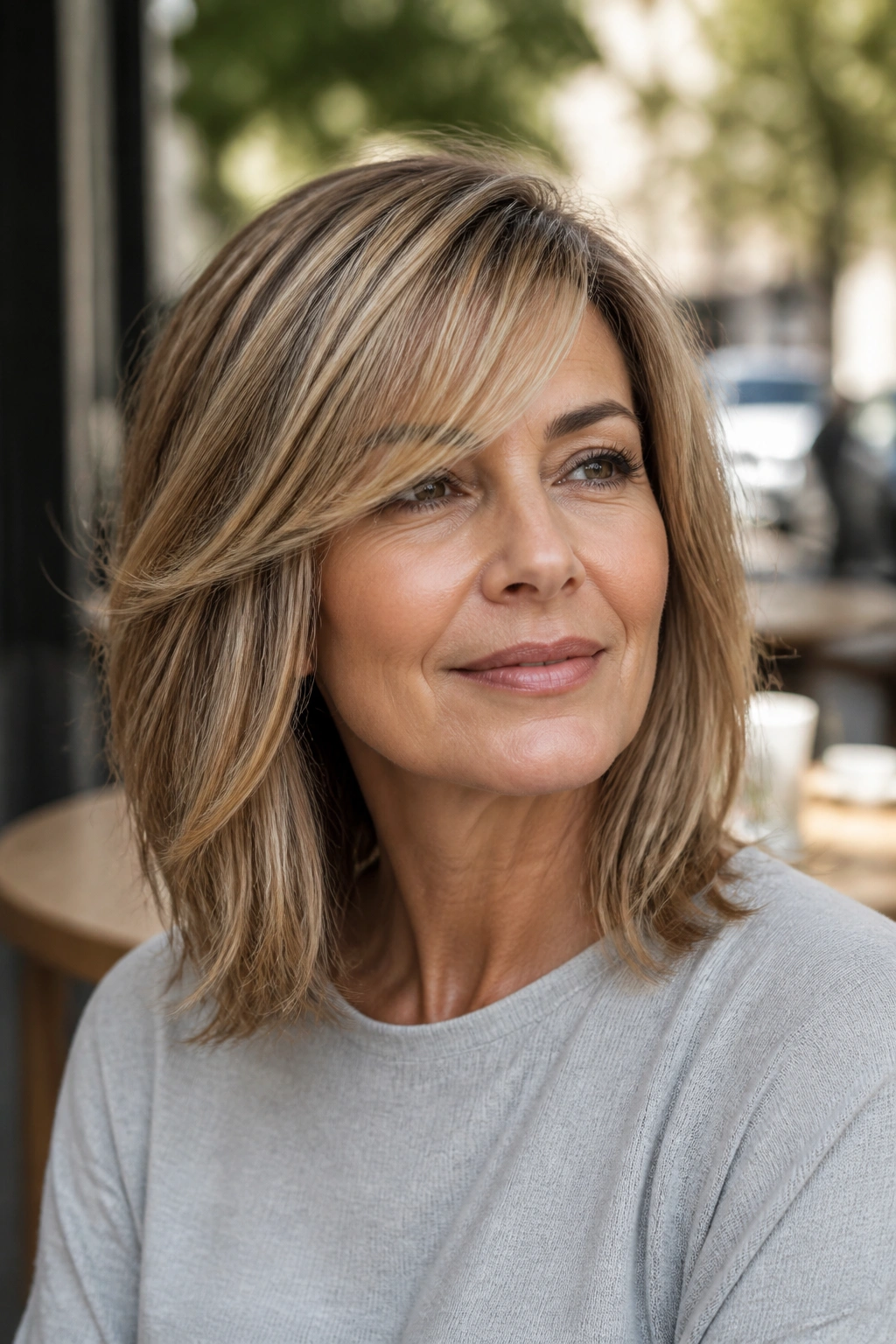 Portrait of a real woman with shoulder-length hair and side fringe in natural daylight