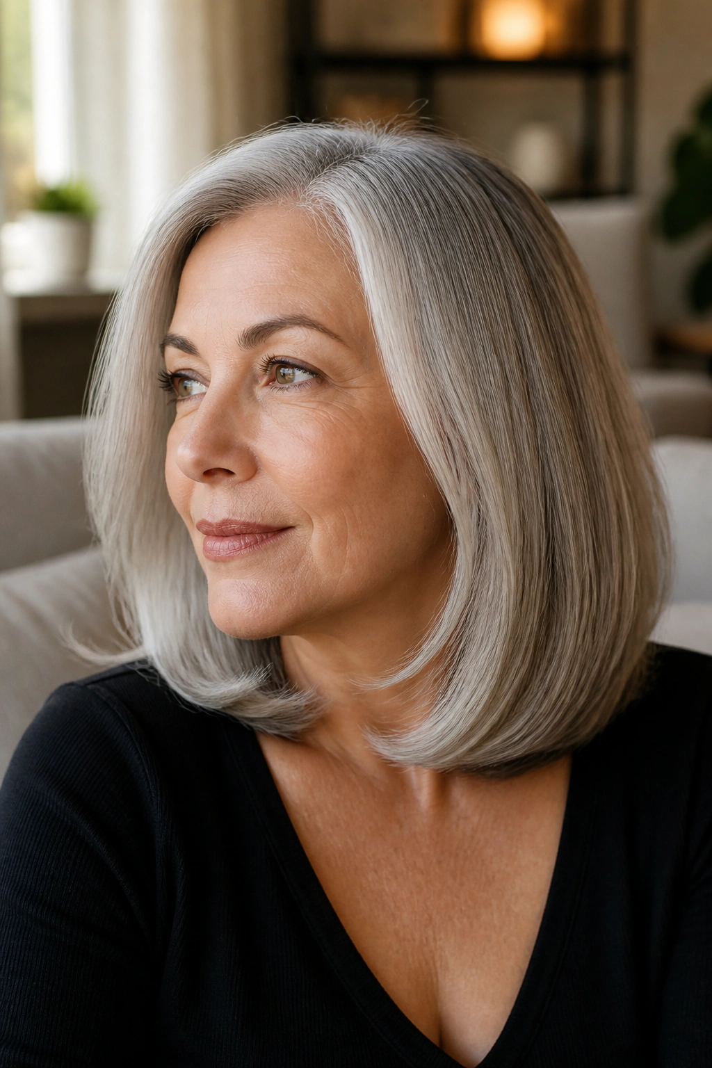 Close-up of a real woman with a shoulder-grazing cut and beveled ends in warm natural light.