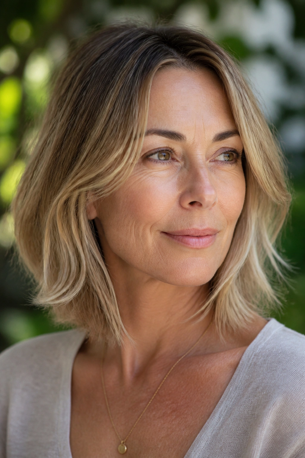 Close-up portrait of a real woman with a shoulder-length bob showing gentle movement