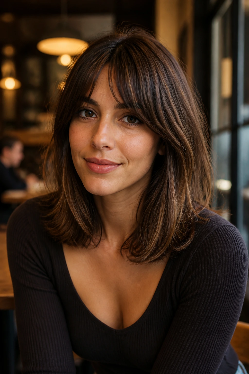 Medium close-up of real woman with shoulder-grazing hair and bottleneck bangs