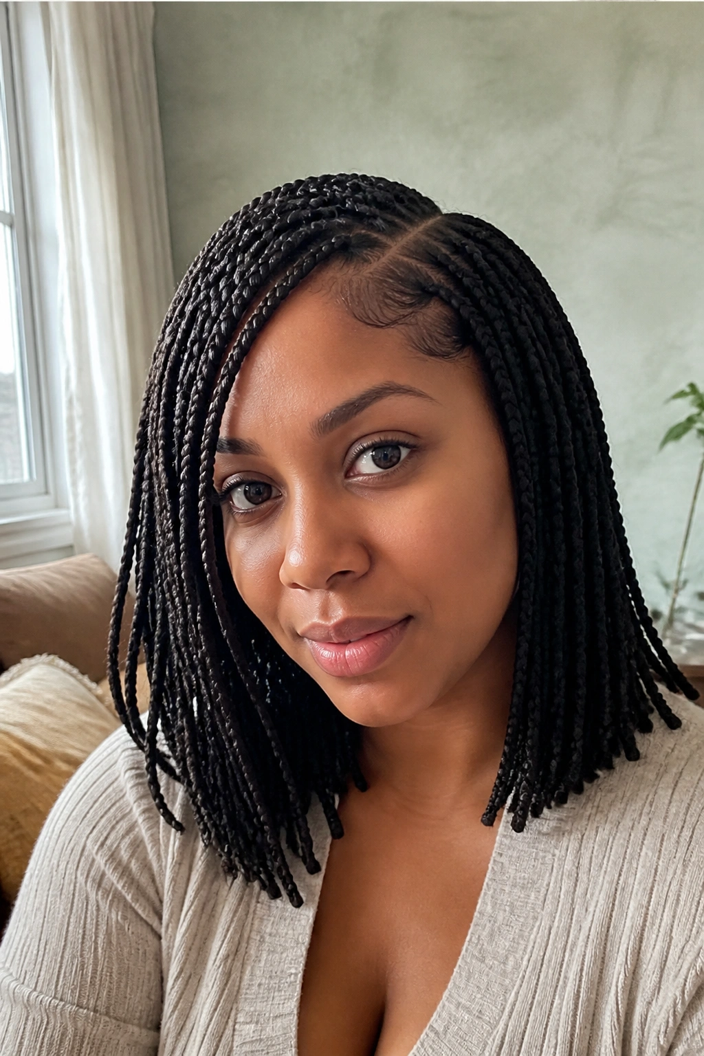 Real woman with shoulder-grazing braids in a side part, photographed in a cozy living room.