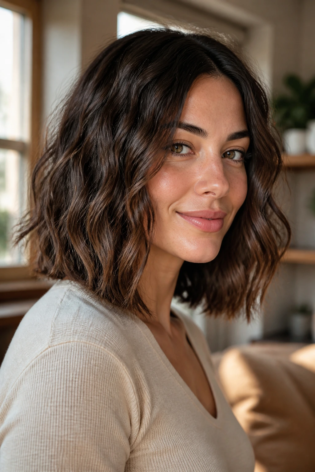 Close-up portrait of a real woman with shoulder-grazing crinkle lob showing textured mid-length waves in a window-lit living room.