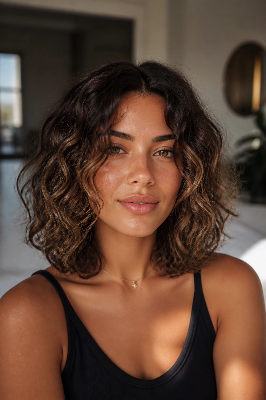 Close-up of a real woman with a shoulder-grazing curly lob