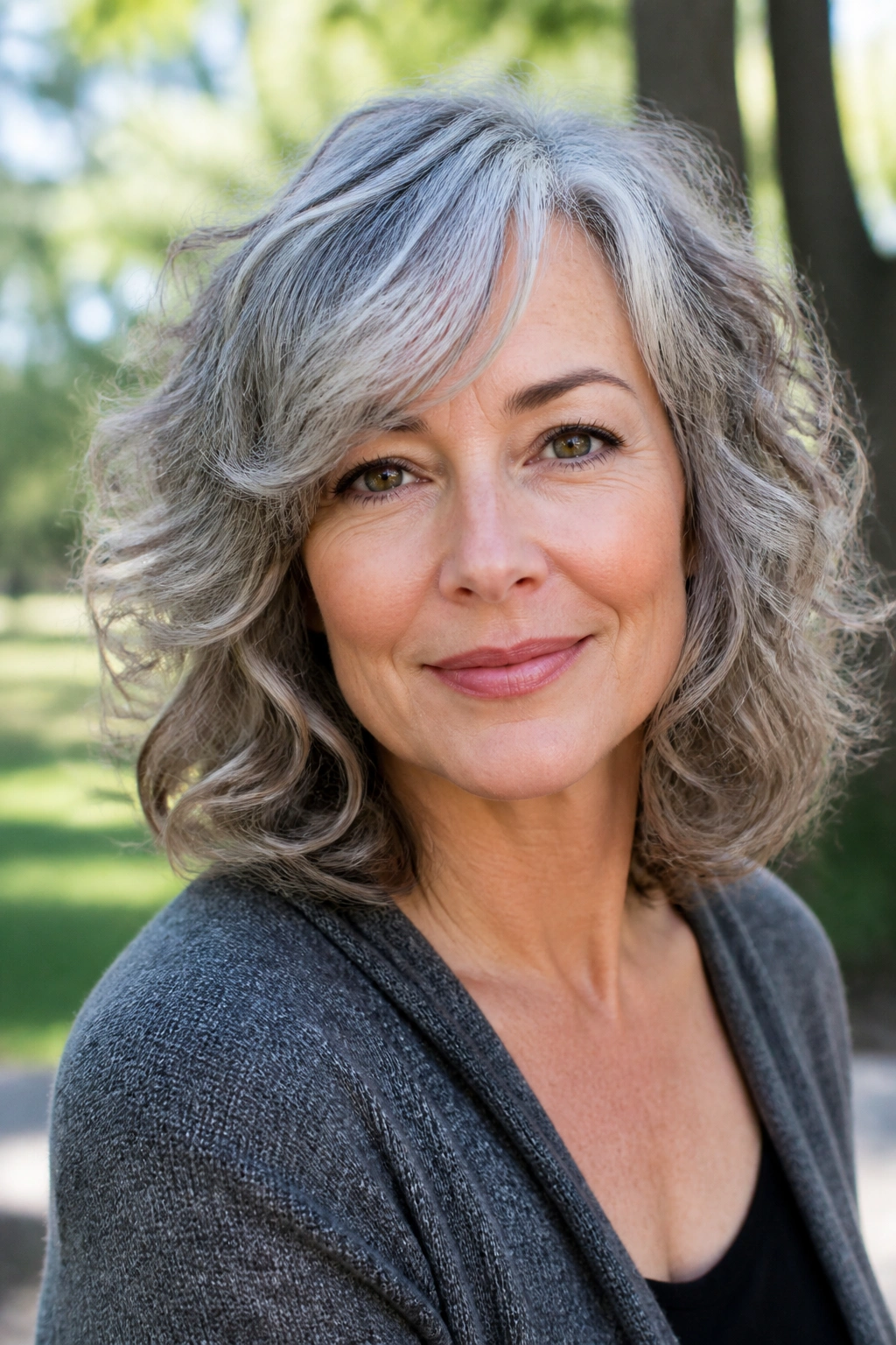 Woman with shoulder-grazing curls and a side fringe in natural daylight