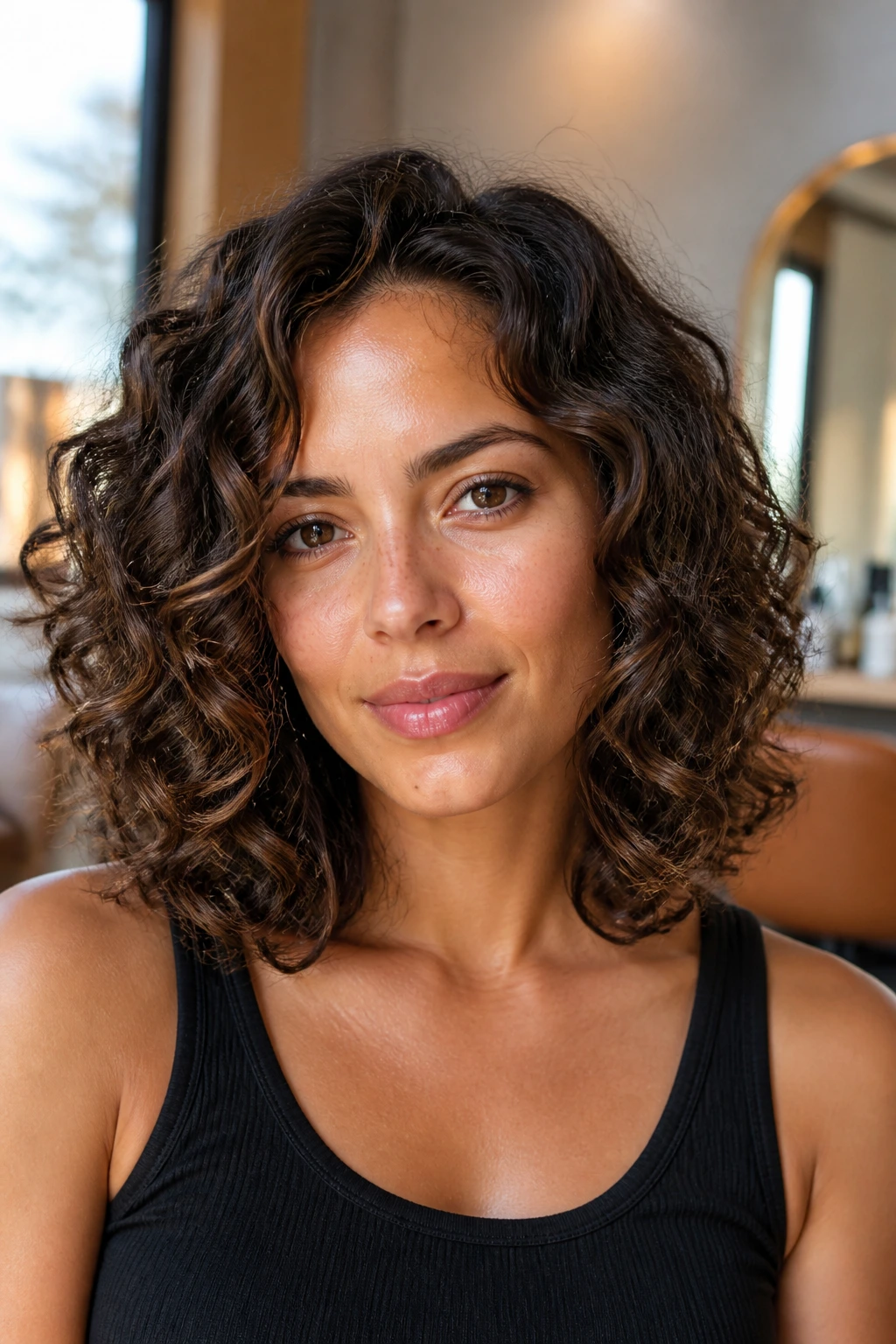 Close-up portrait of a real woman with shoulder-length curly lob in natural salon light