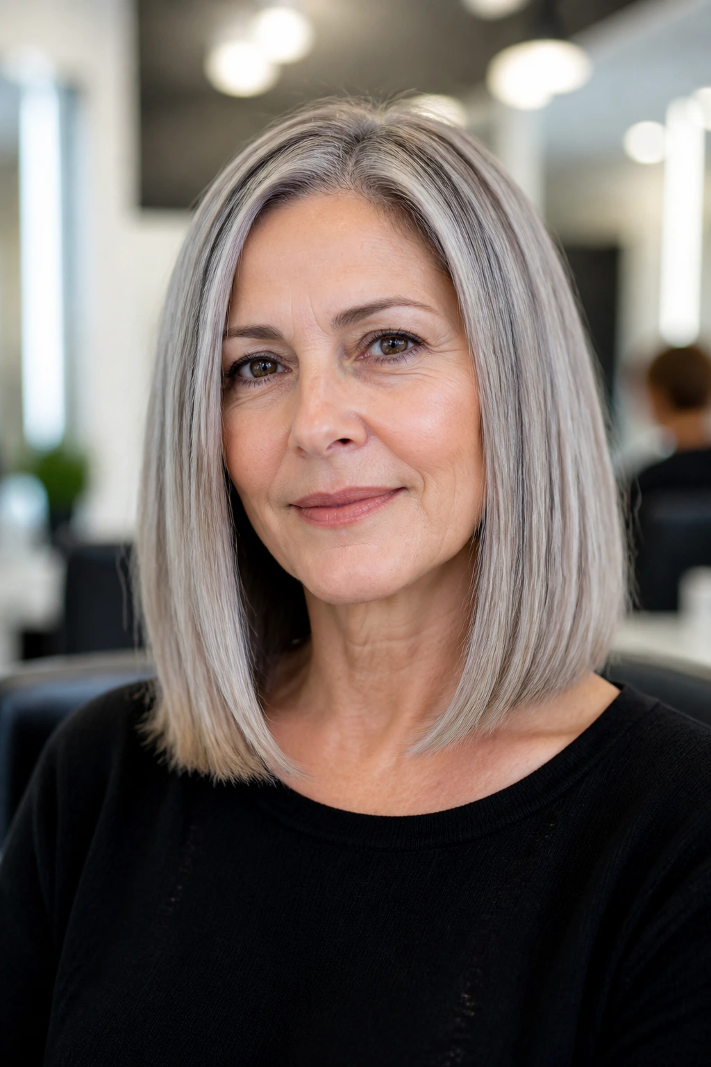 Portrait of a woman with sleek shoulder-grazing hair.