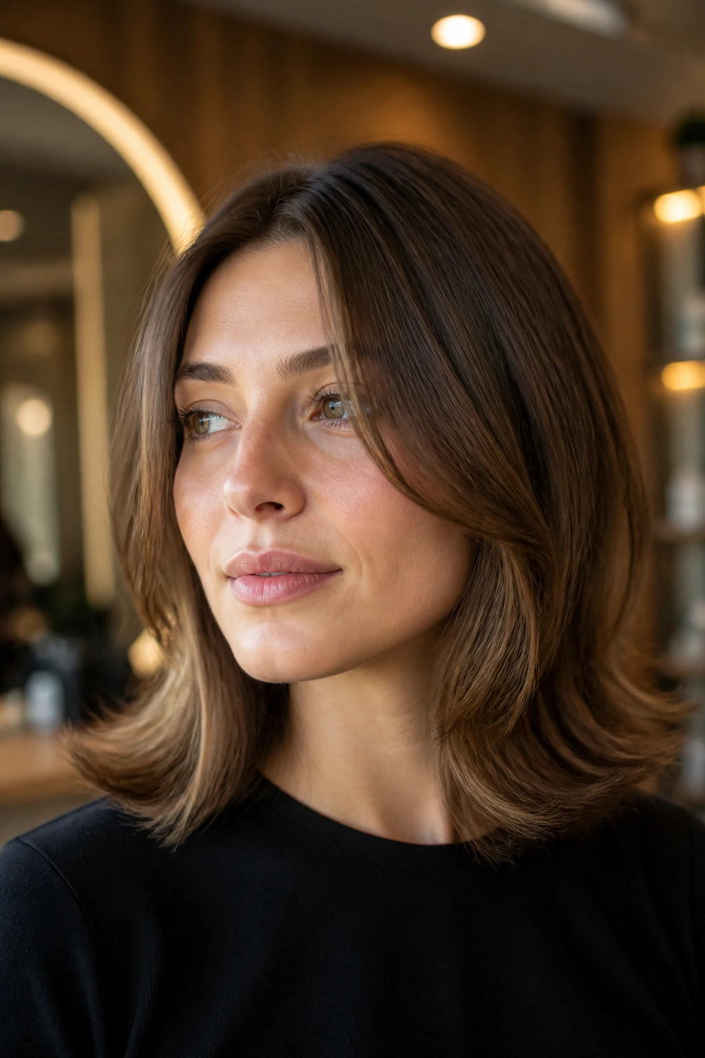 Close-up portrait of a woman with a shoulder-grazing flip cut.