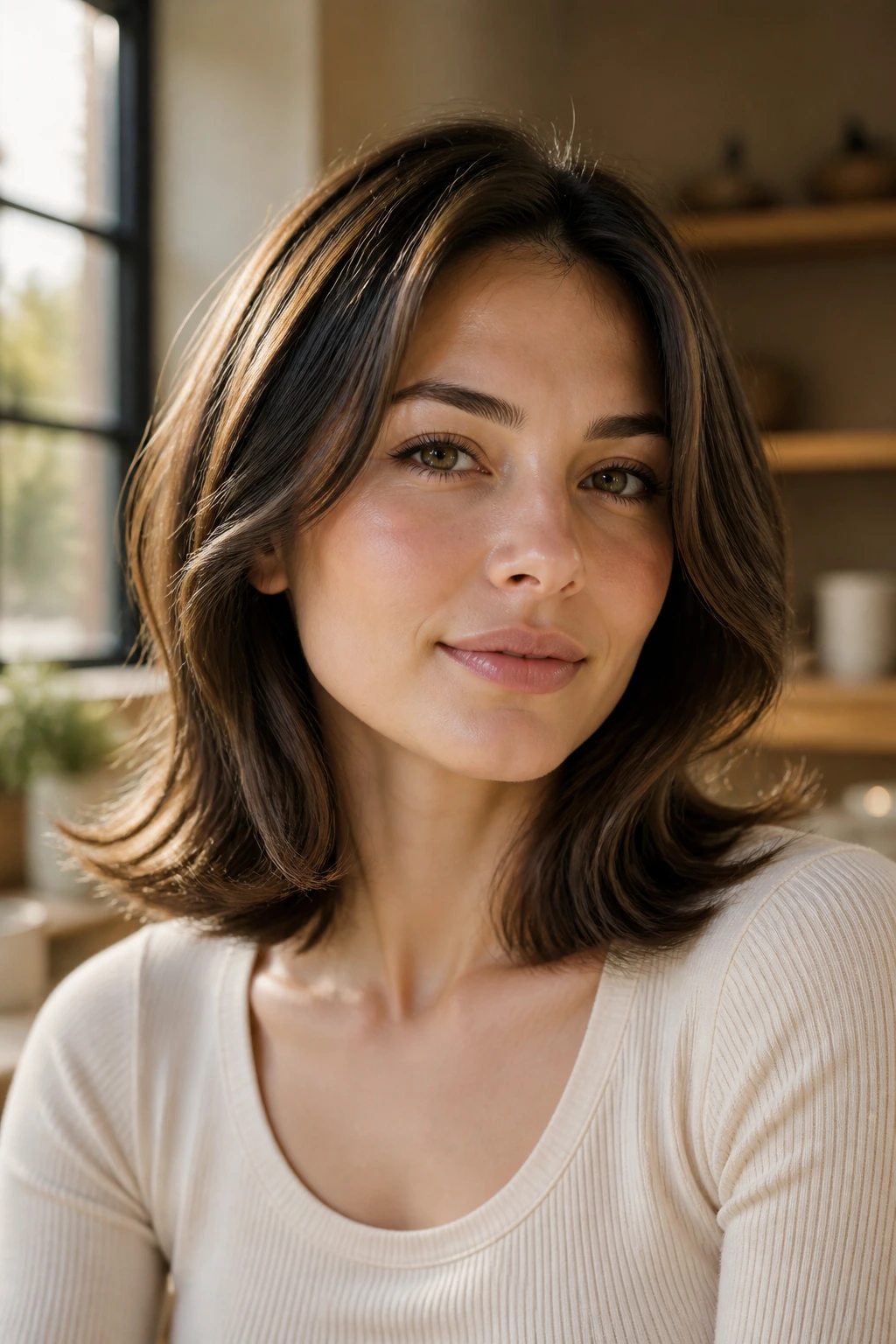 Close-up portrait of a real woman with shoulder-length hair flipped outward at the ends.