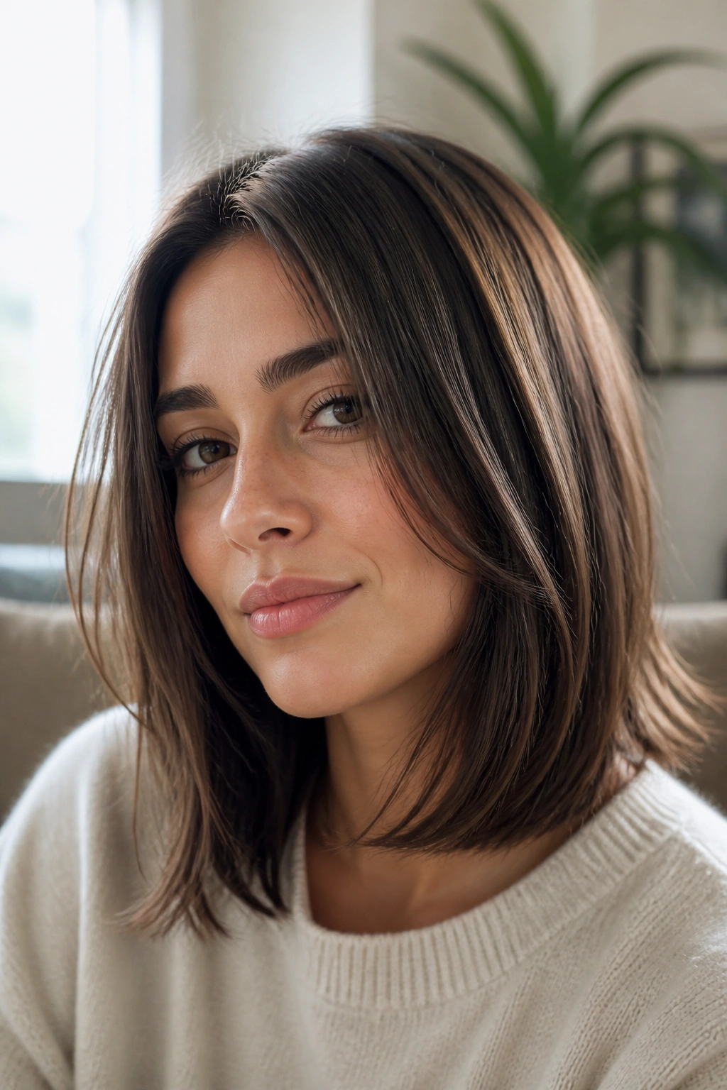 Close-up portrait of a real woman with a shoulder-grazing haircut with invisible layers