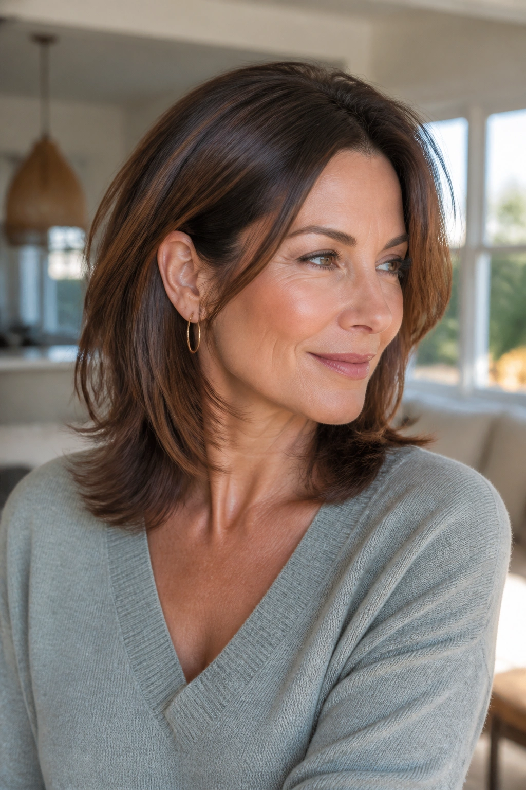 Shoulder-length hair with hidden internal layers on a real woman in a bright room.